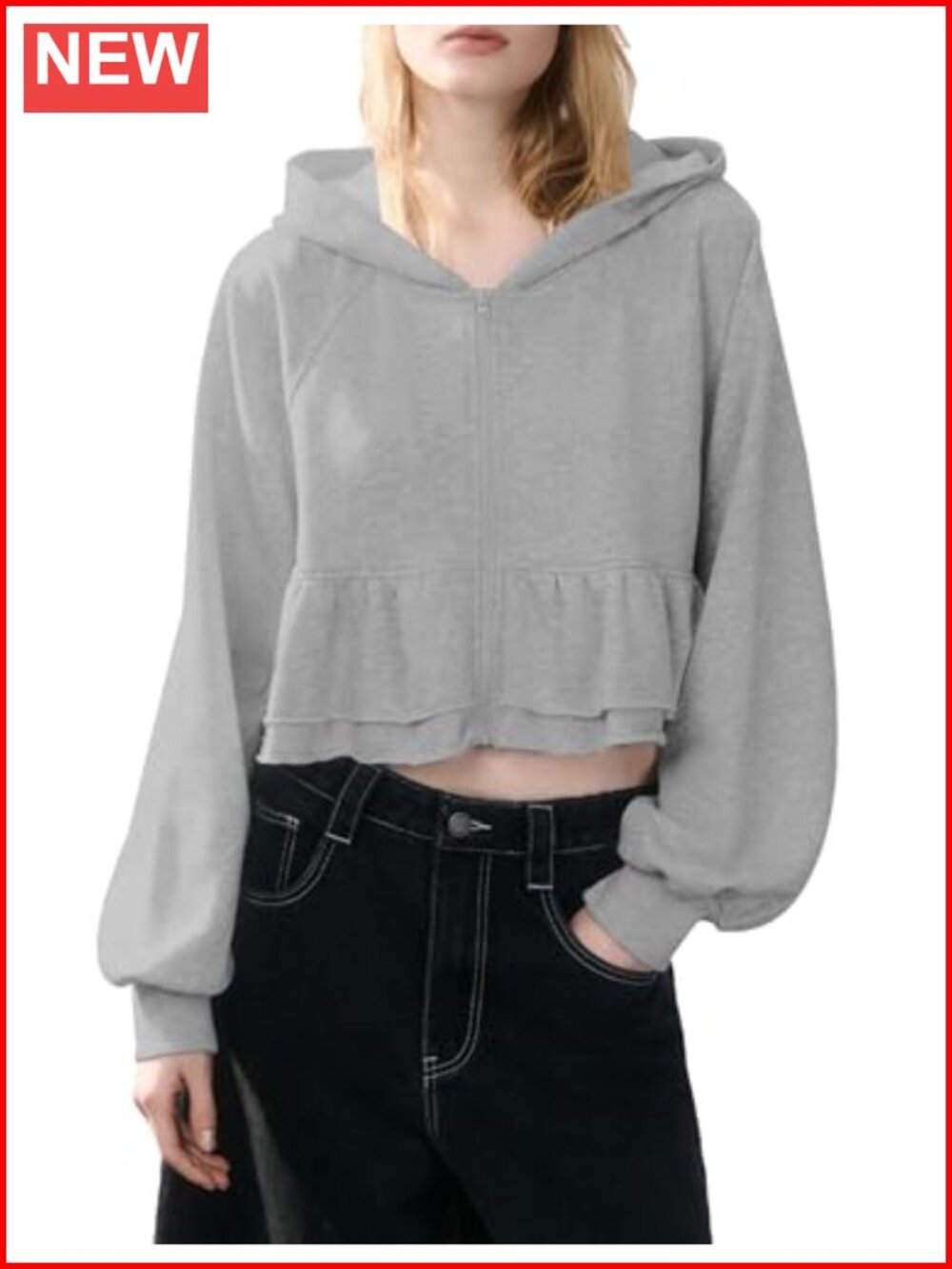 Women's Cropped Ruffle Zip Up Hoodie Long Sleeve Sweatshirt